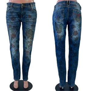 DESIGUAL BLUE JEANS FLORAL RED FLOWERS PRINTS ON DENIM BOHO THE WOW 2ND FIT  32